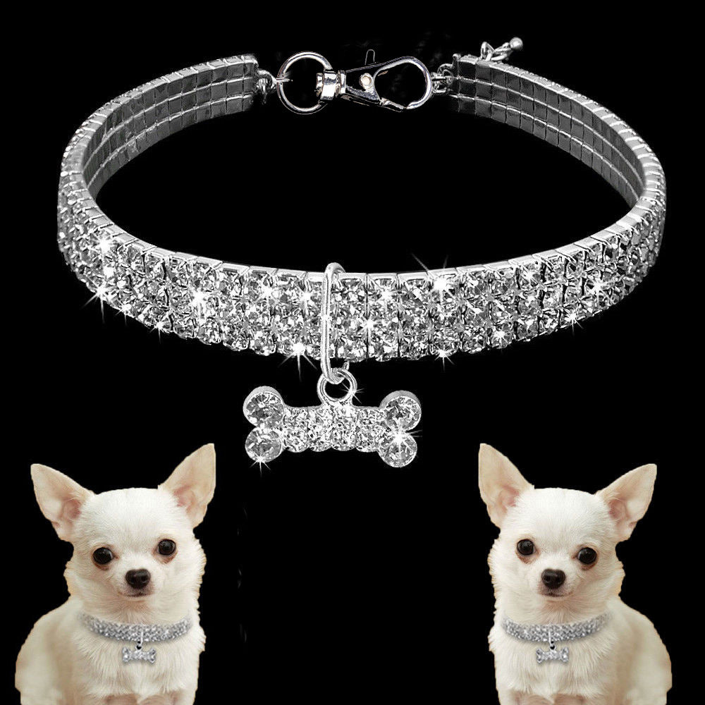 KFX-2984893 Bling Rhinestone Adjustable Dog and Cat Collar with Metal Pendant for Small Pets