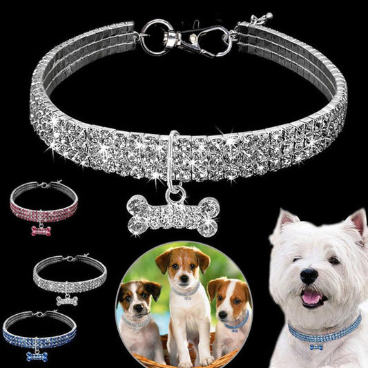KFX-2984893 Bling Rhinestone Adjustable Dog and Cat Collar with Metal Pendant for Small Pets