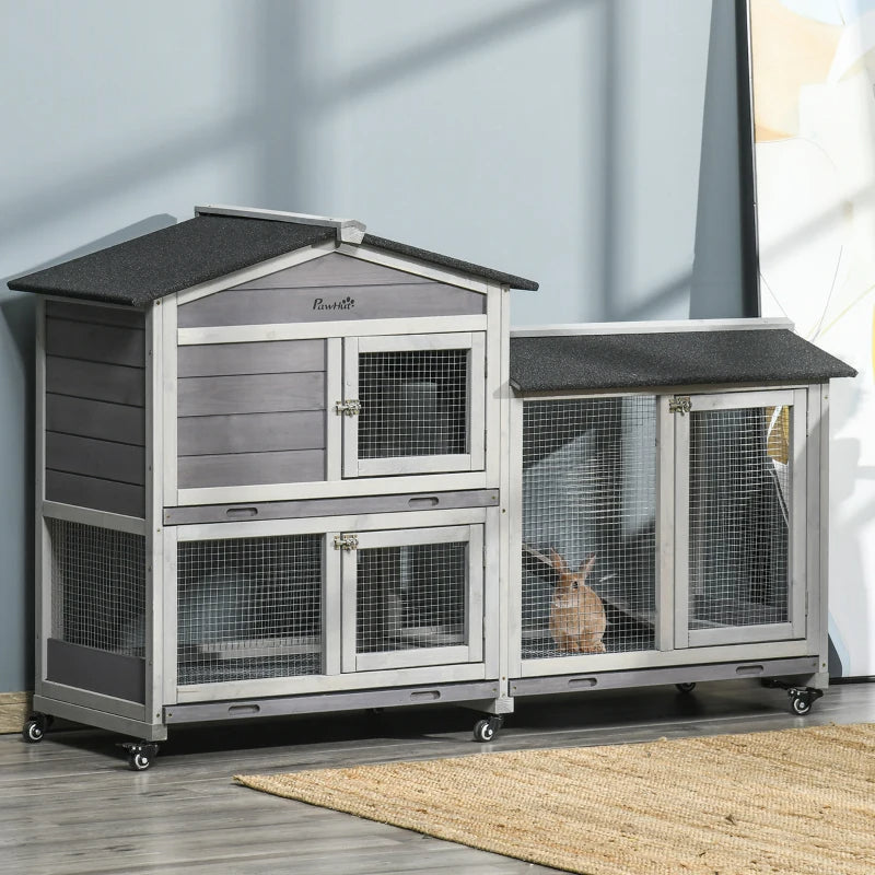 KFX-2986557 Mobile Wooden Rabbit Hutch with Wheels, Slide-Out Tray, and Ramp for Easy Access and Cleaning