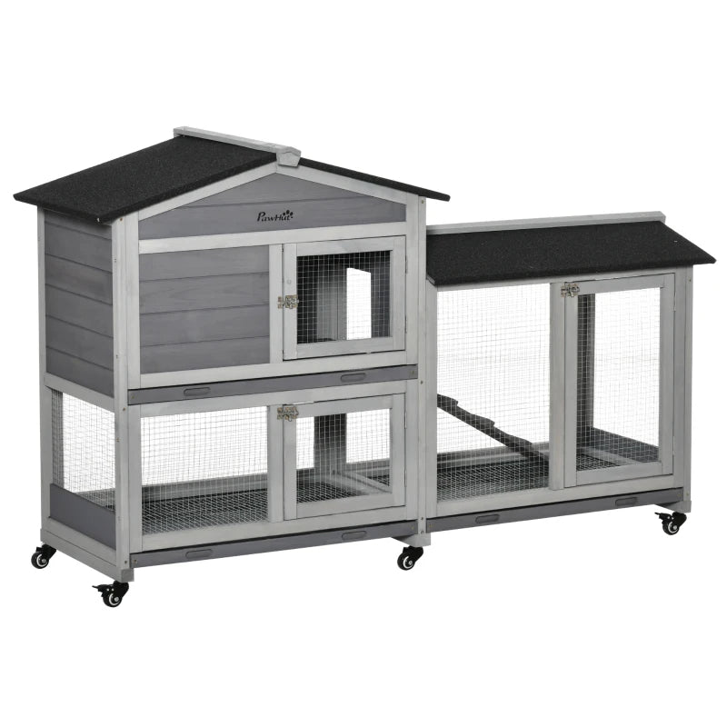KFX-2986557 Mobile Wooden Rabbit Hutch with Wheels, Slide-Out Tray, and Ramp for Easy Access and Cleaning