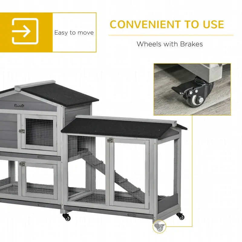 KFX-2986557 Mobile Wooden Rabbit Hutch with Wheels, Slide-Out Tray, and Ramp for Easy Access and Cleaning