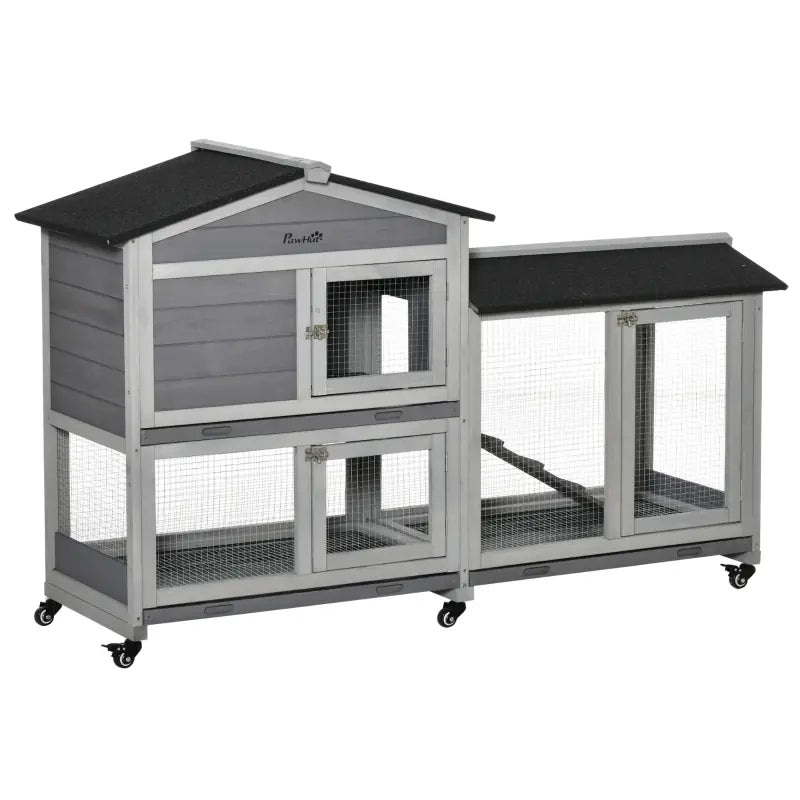 KFX-2986557 Mobile Wooden Rabbit Hutch with Wheels, Slide-Out Tray, and Ramp for Easy Access and Cleaning