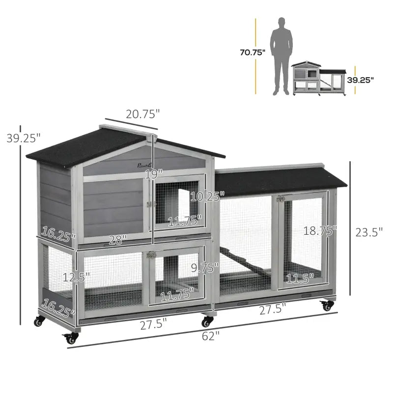 KFX-2986557 Mobile Wooden Rabbit Hutch with Wheels, Slide-Out Tray, and Ramp for Easy Access and Cleaning