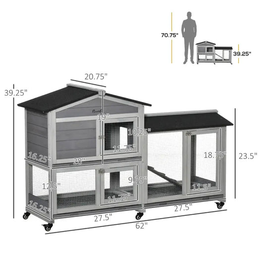 KFX-2986557 Mobile Wooden Rabbit Hutch with Wheels, Slide-Out Tray, and Ramp for Easy Access and Cleaning