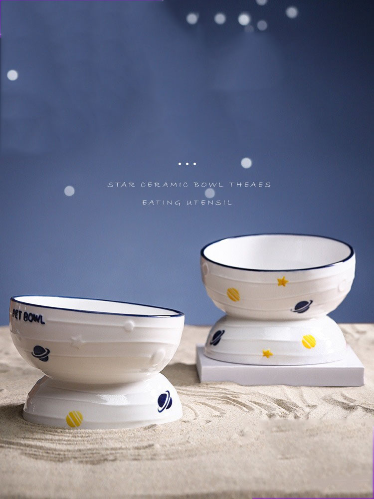 KFX-2988861 Ceramic Slanted Tall Cat Food Bowl with Planet Print - 13.5cm Diameter