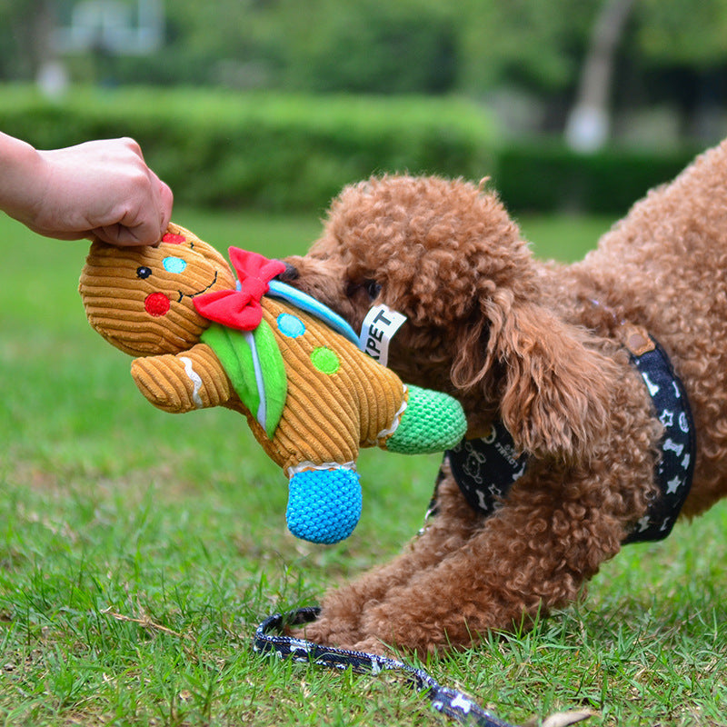 KFX-2999229 Gingerbread Man Plush Dog Toy - Blue & Pink Christmas Sounding Toy (23x20x5cm)