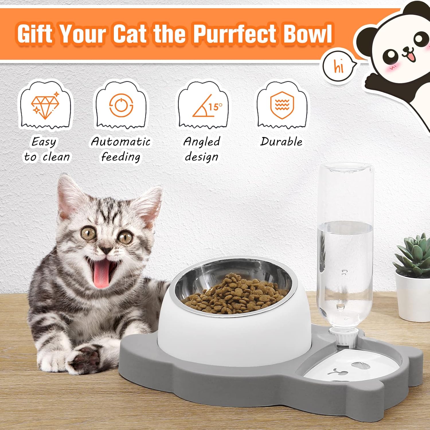 KFX-3001661 Tilted Elevated Stainless Steel Cat and Dog Bowls with Automatic Water Dispenser