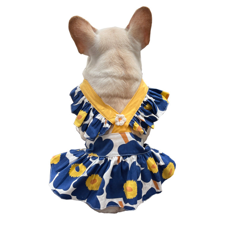 KFX-3002941 Flounce Suspender Skirt in White with Blue Print for Pets