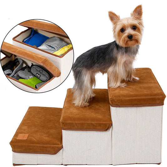 KFX-3007421 Foldable Brown Flannel and Cotton Pet Dog Stairs - Supports Up to 25KG with Storage Box