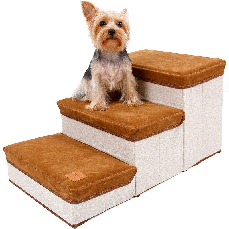 KFX-3007421 Foldable Brown Flannel and Cotton Pet Dog Stairs - Supports Up to 25KG with Storage Box