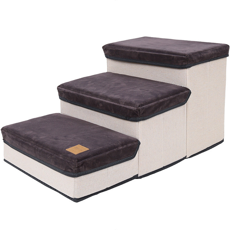 KFX-3007421 Foldable Brown Flannel and Cotton Pet Dog Stairs - Supports Up to 25KG with Storage Box