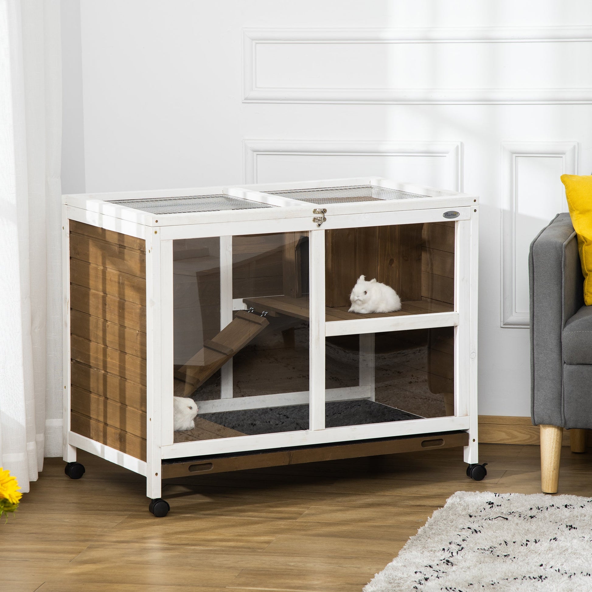 KFX-3007805 Indoor Fir Wood Rabbit Hutch with Living Room and Run Area for Small Pets