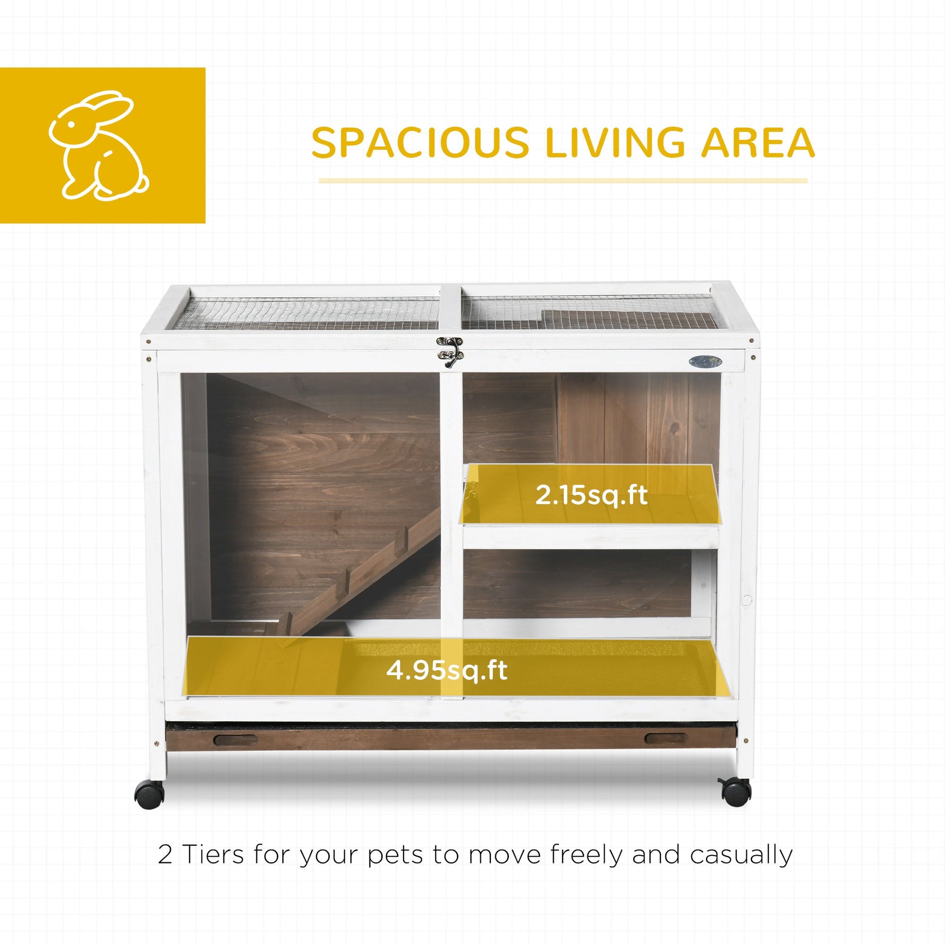 KFX-3007805 Indoor Fir Wood Rabbit Hutch with Living Room and Run Area for Small Pets