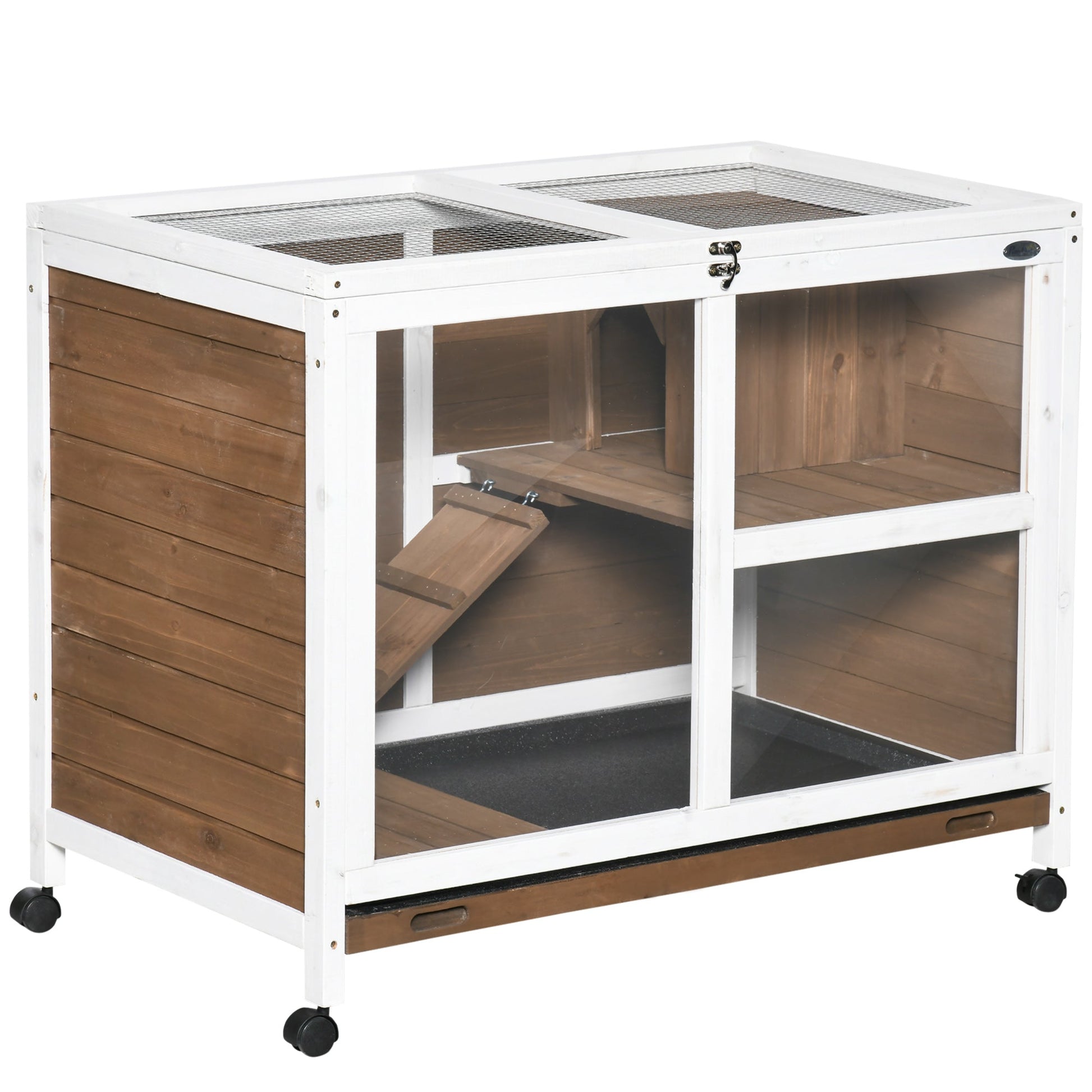 KFX-3007805 Indoor Fir Wood Rabbit Hutch with Living Room and Run Area for Small Pets