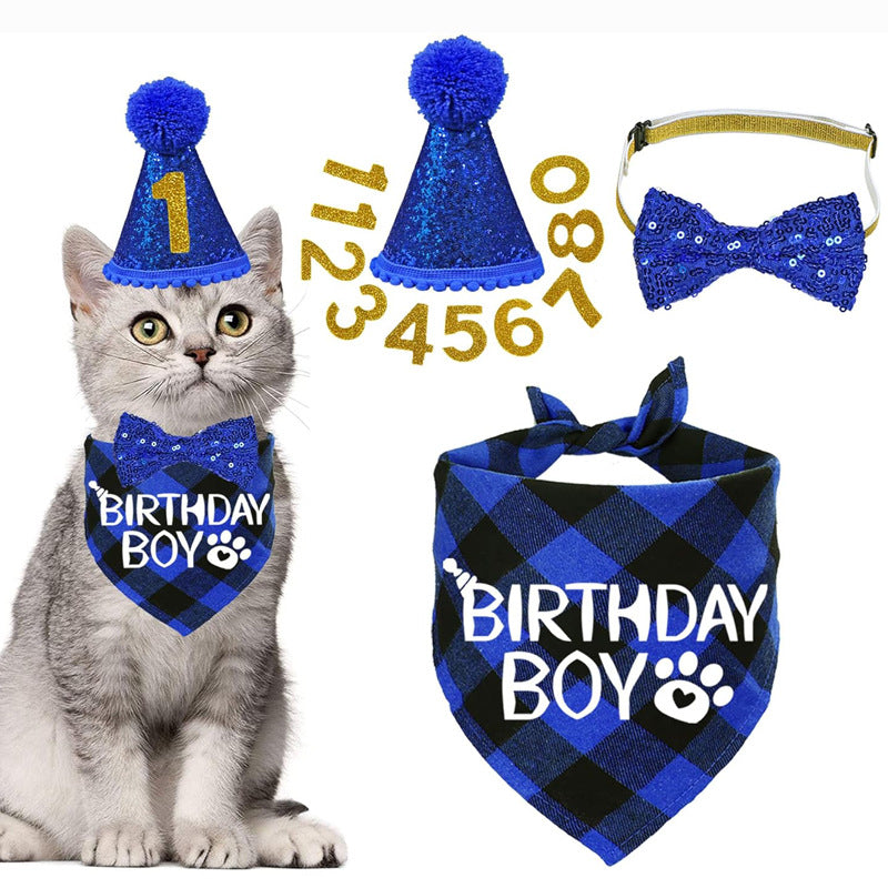 KFX-3010493 Sapphire Blue & Rose Red Cartoon Pet Birthday Hat, Triangle Scarf, Bow Tie Set