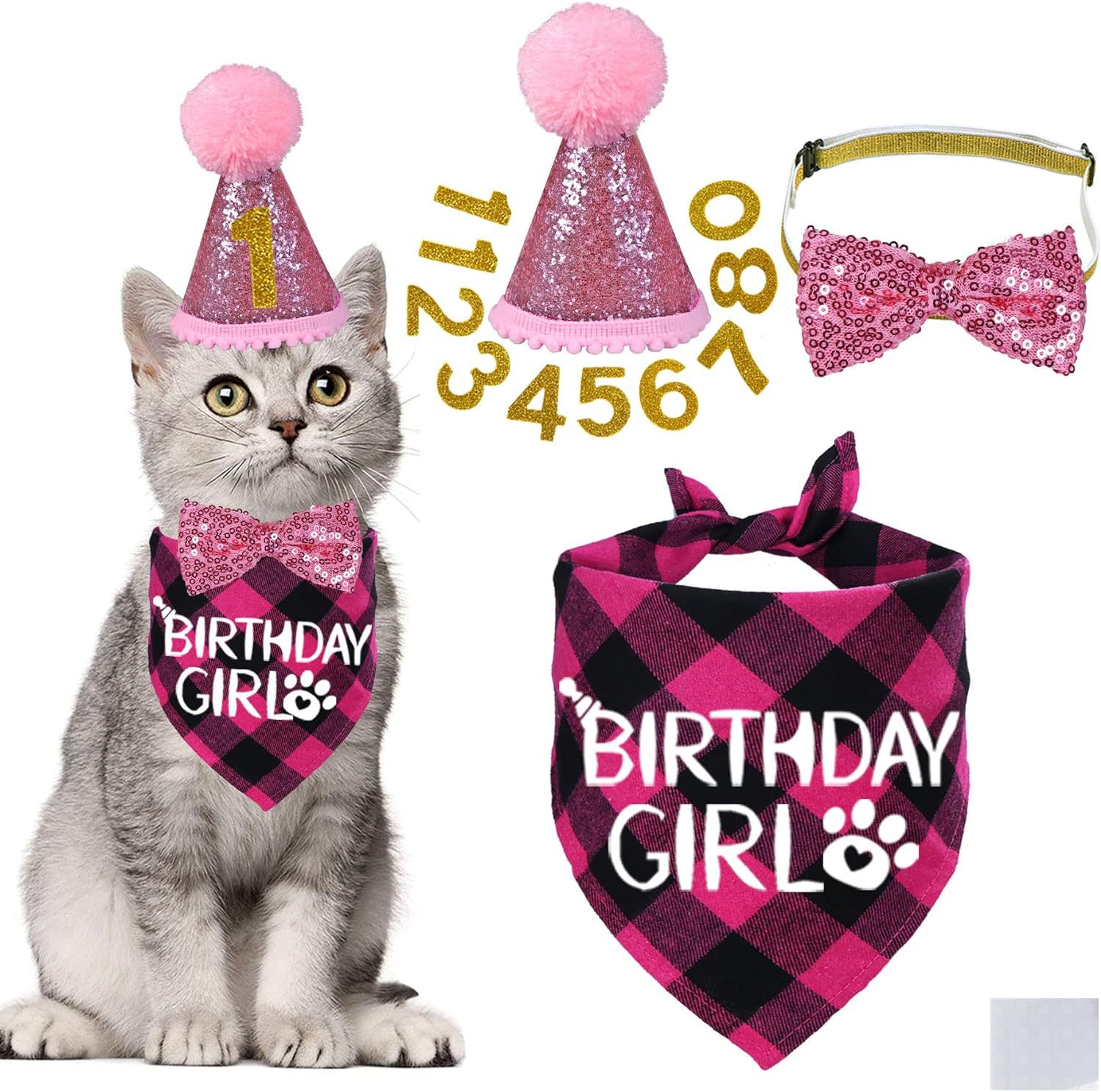 KFX-3010493 Sapphire Blue & Rose Red Cartoon Pet Birthday Hat, Triangle Scarf, Bow Tie Set