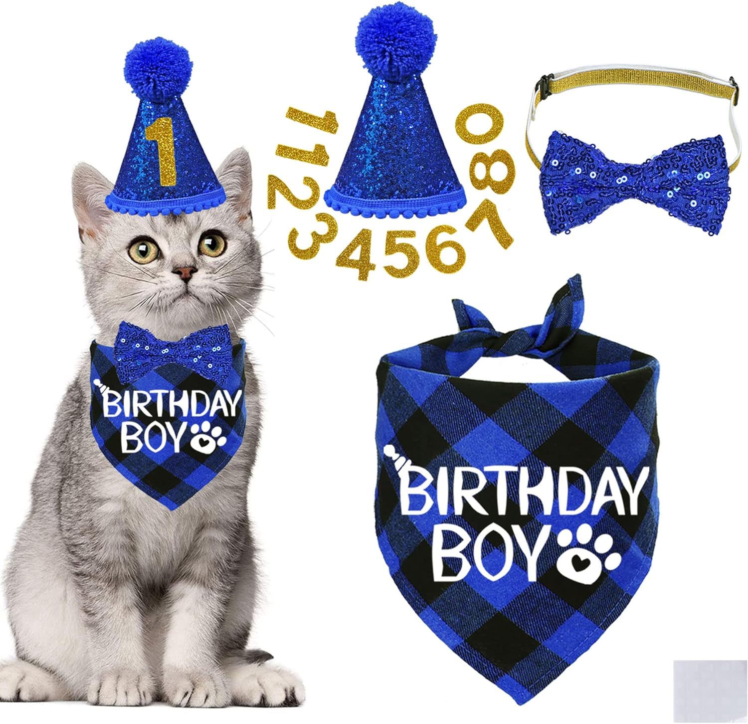 KFX-3010493 Sapphire Blue & Rose Red Cartoon Pet Birthday Hat, Triangle Scarf, Bow Tie Set