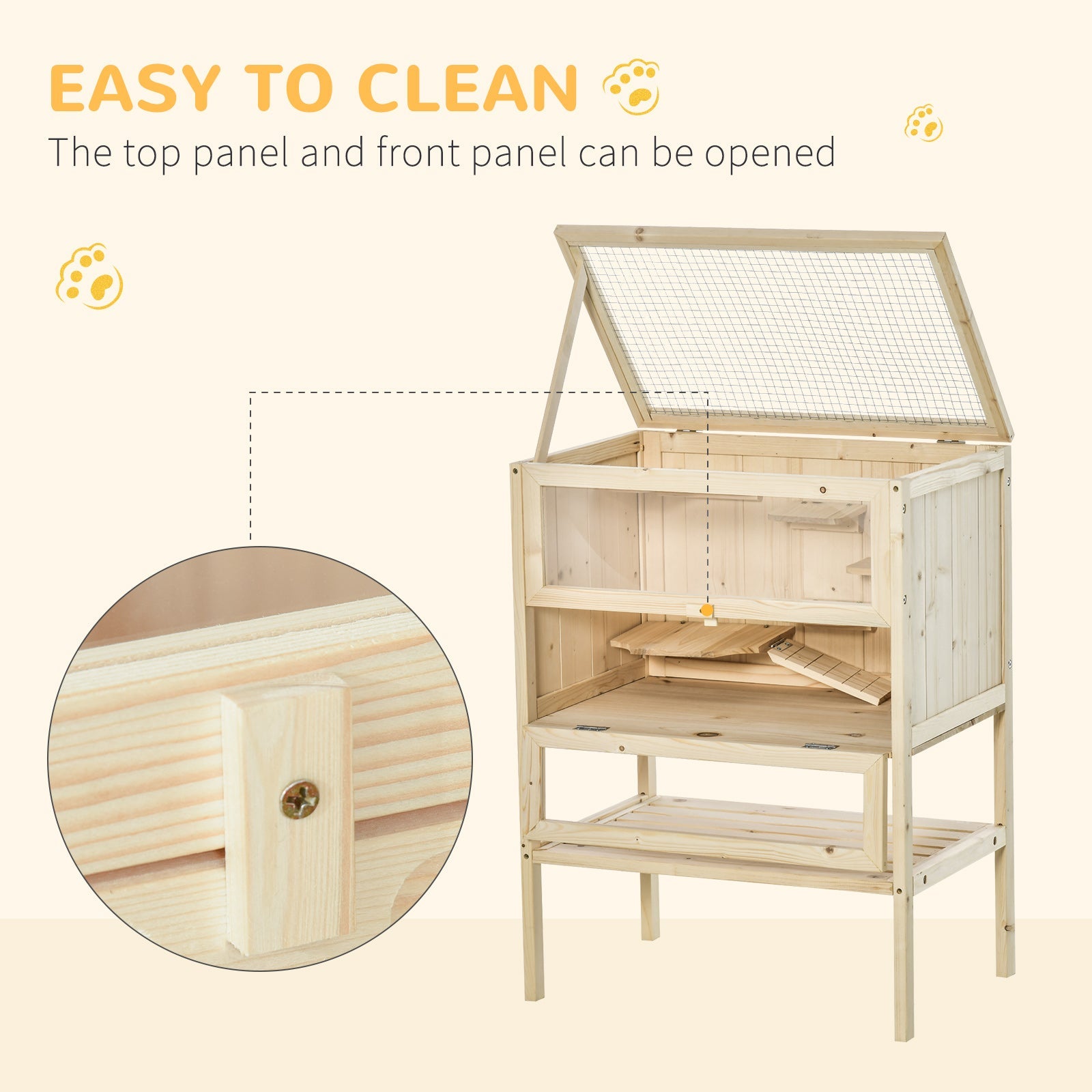 KFX-3013565 3-Tier Wooden Hamster Cage with Openable Top and Front Door, Natural Fir Wood Small Animal Hutch