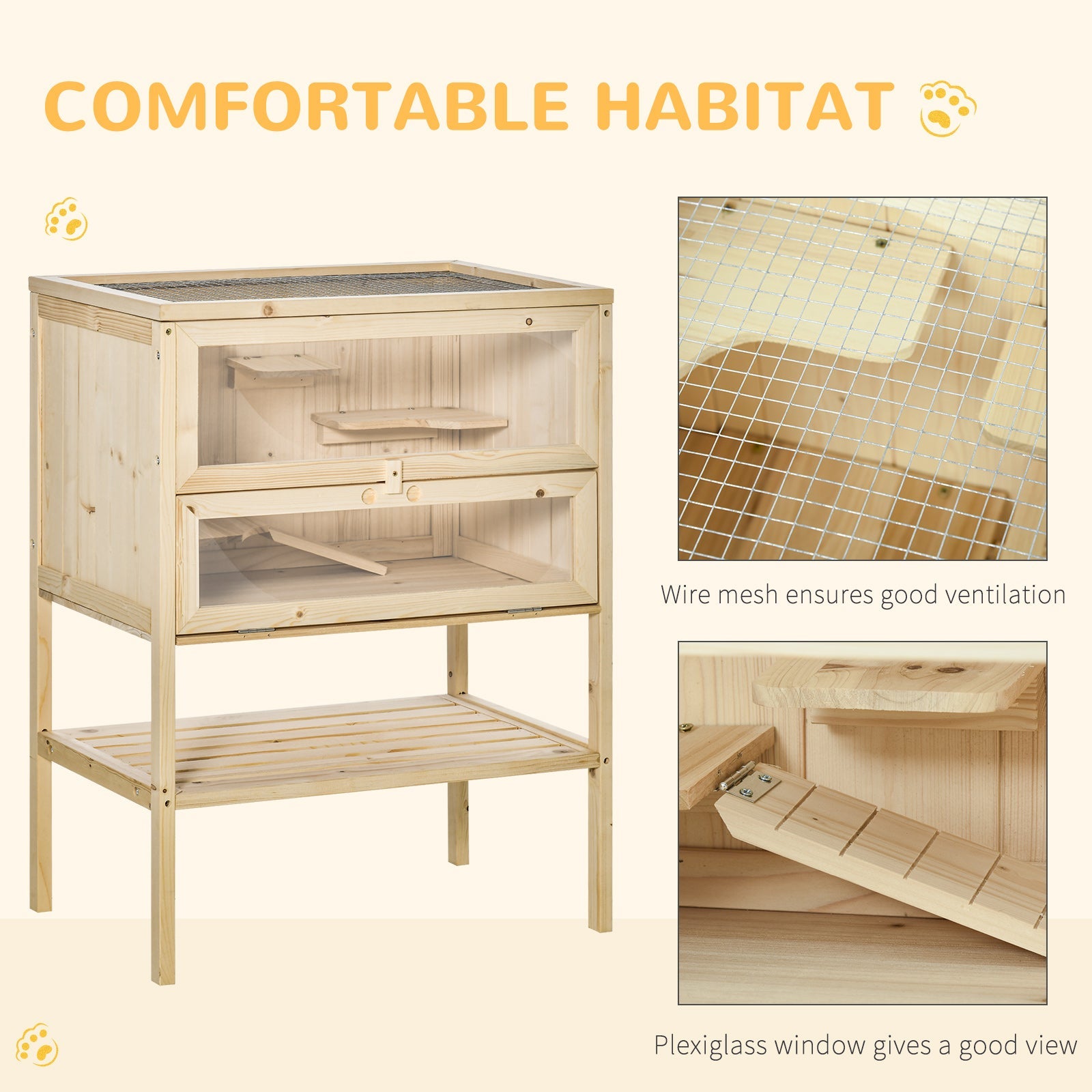 KFX-3013565 3-Tier Wooden Hamster Cage with Openable Top and Front Door, Natural Fir Wood Small Animal Hutch
