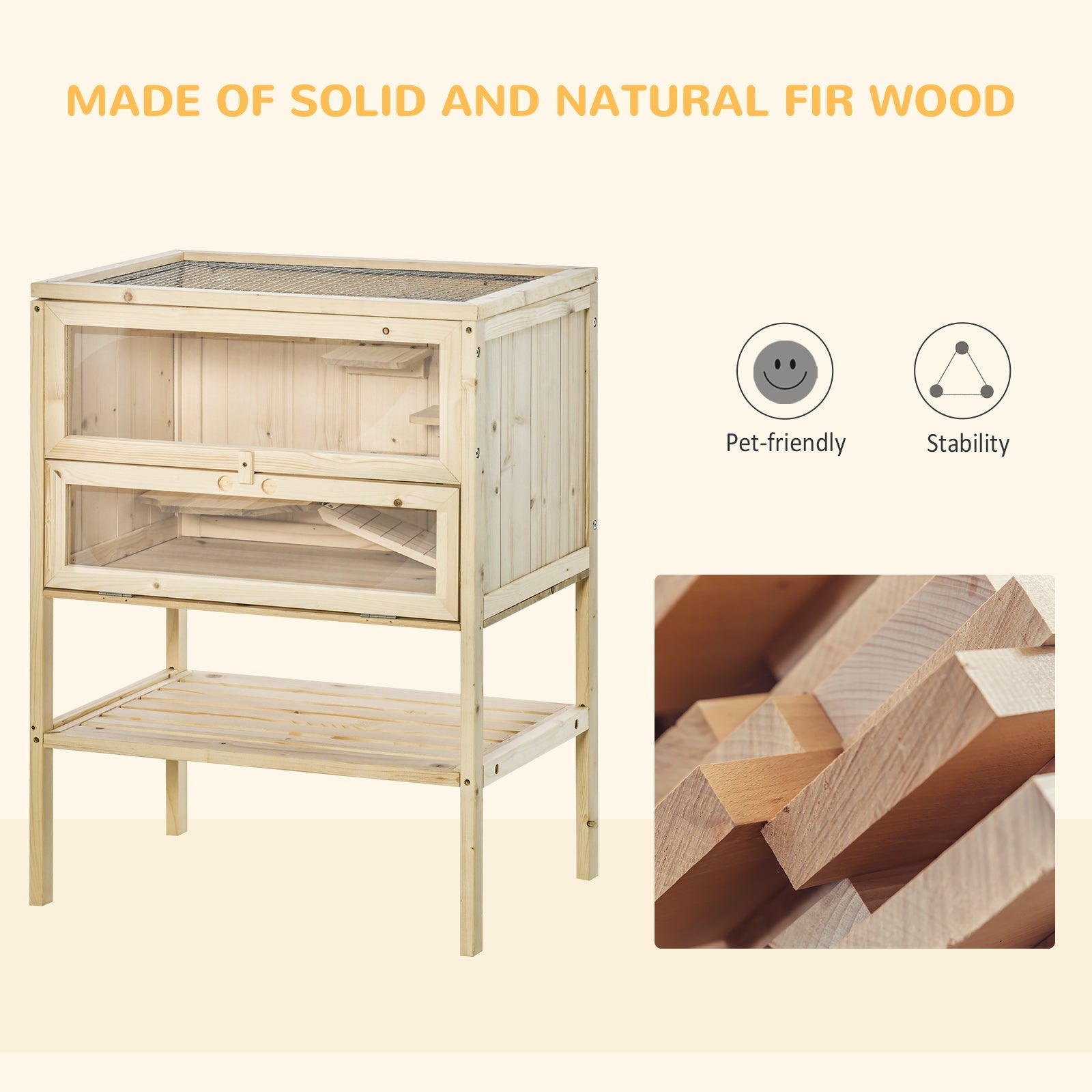 KFX-3013565 3-Tier Wooden Hamster Cage with Openable Top and Front Door, Natural Fir Wood Small Animal Hutch