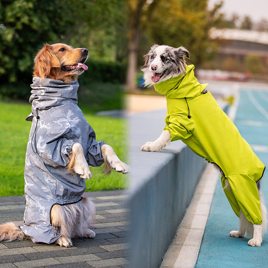 KFX-3017277 Waterproof Reflective Raincoat for Large Dogs and Pets - Four-Legged Design in Silver and Emerald Green