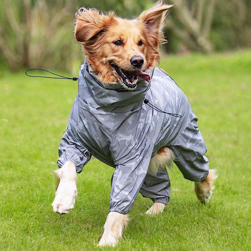 KFX-3017277 Waterproof Reflective Raincoat for Large Dogs and Pets - Four-Legged Design in Silver and Emerald Green