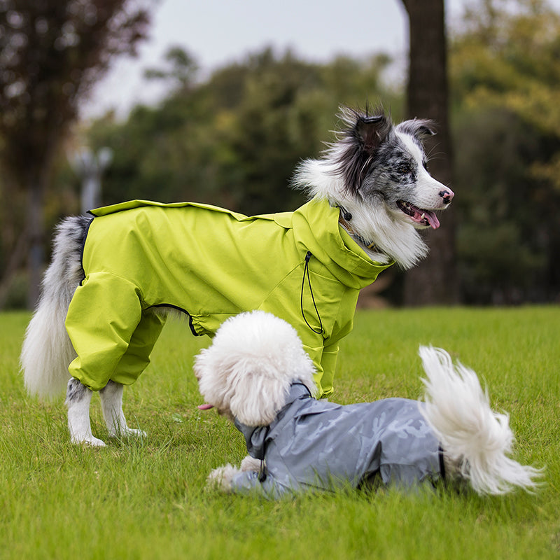 KFX-3017277 Waterproof Reflective Raincoat for Large Dogs and Pets - Four-Legged Design in Silver and Emerald Green