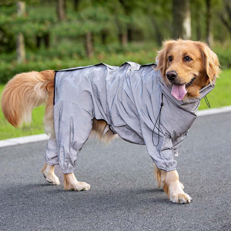 KFX-3017277 Waterproof Reflective Raincoat for Large Dogs and Pets - Four-Legged Design in Silver and Emerald Green