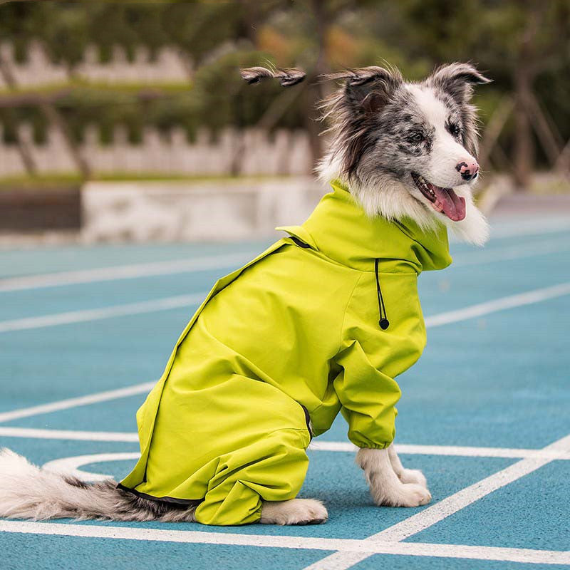 KFX-3017277 Waterproof Reflective Raincoat for Large Dogs and Pets - Four-Legged Design in Silver and Emerald Green