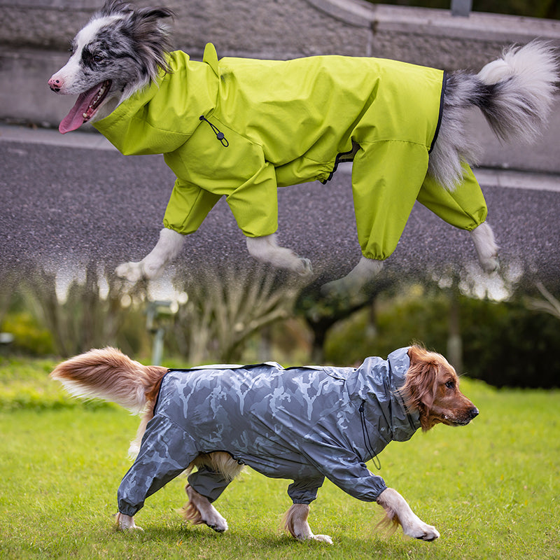 KFX-3017277 Waterproof Reflective Raincoat for Large Dogs and Pets - Four-Legged Design in Silver and Emerald Green