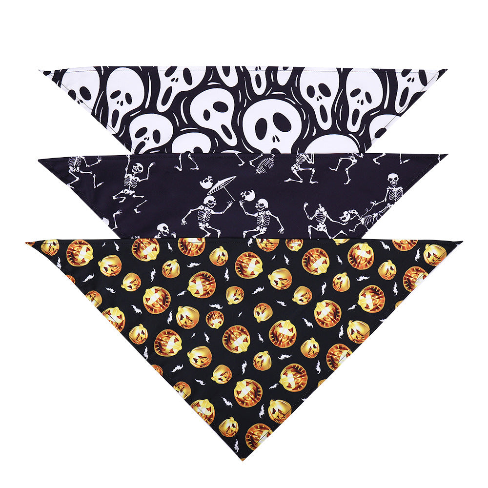 KFX-3023037 Halloween Skull Print Dog Scarf - Triangle Towel for Pets, Polyester, Medium Size