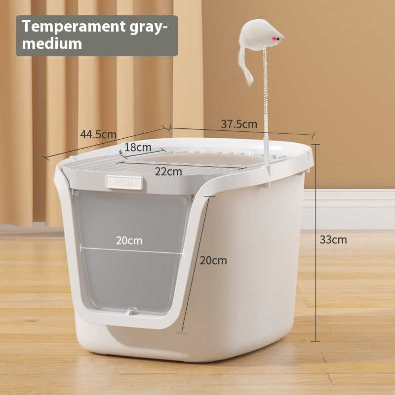KFX-3026877 Extra Large Splash-Proof Fully Enclosed Cat Litter Box with Deodorizing Film, Cat Shovel, and Teaser Pole in Multiple Colors