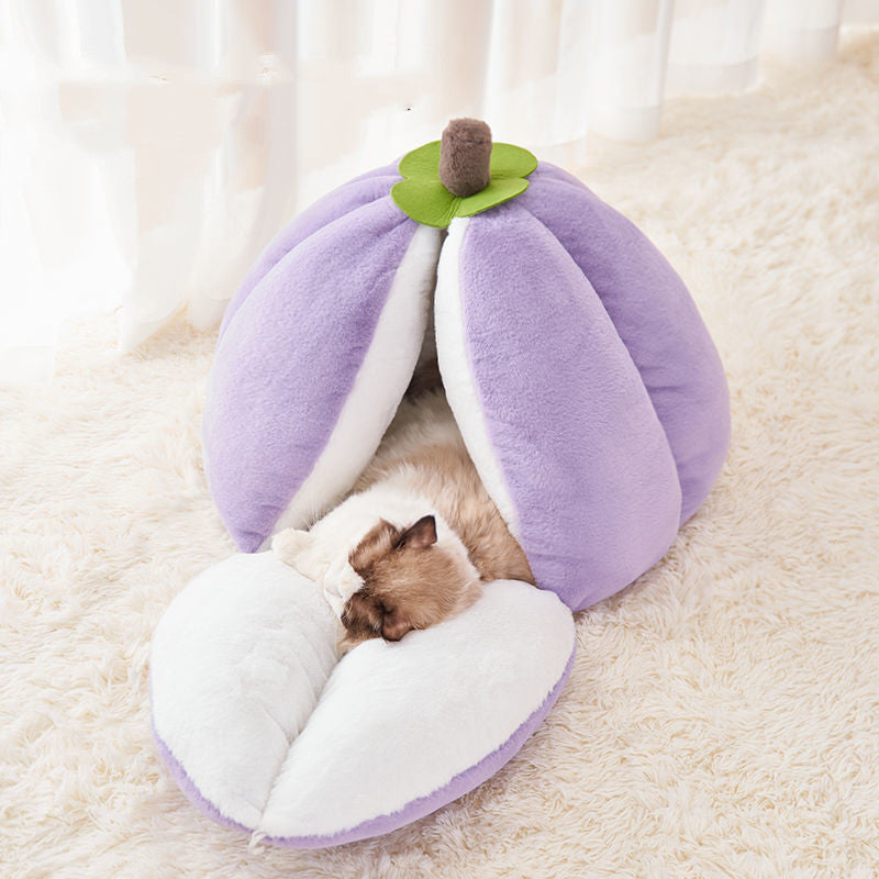 KFX-3031229 Cozy Cotton Cat Nest Bed with Semi-Closed Design in Purple, Available in Small and Large Sizes