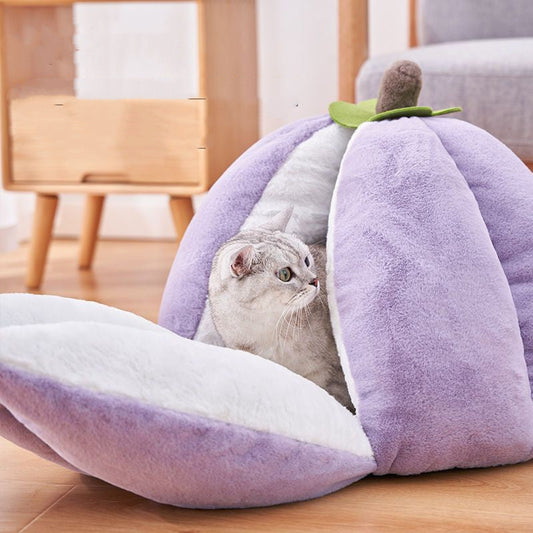 KFX-3031229 Cozy Cotton Cat Nest Bed with Semi-Closed Design in Purple, Available in Small and Large Sizes