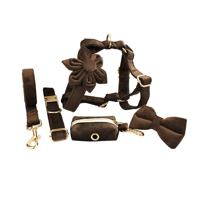 KFX-3032637 Velvet Fabric Dog Collar with Leash, Bow, Flower, Vest, and Poop Bag