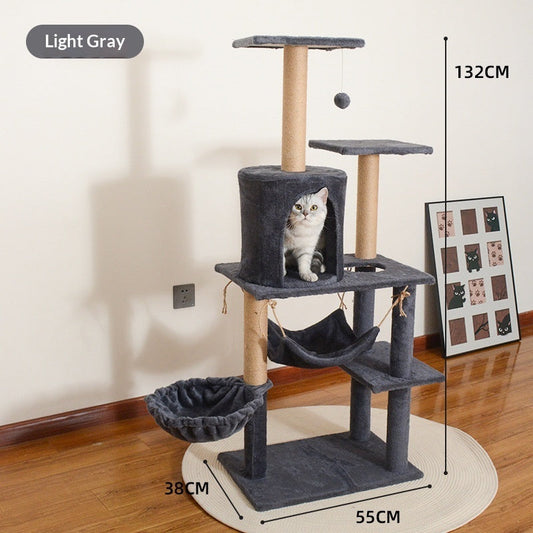 KFX-3044285 Cat Tree with Dedicated Bed - Wood Minimalist Design in Light Gray, Dark Gray, and Beige, 55x38x132 cm