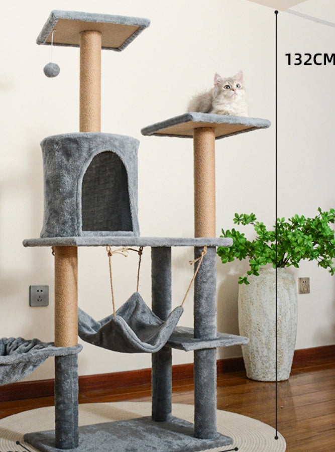 KFX-3044285 Cat Tree with Dedicated Bed - Wood Minimalist Design in Light Gray, Dark Gray, and Beige, 55x38x132 cm