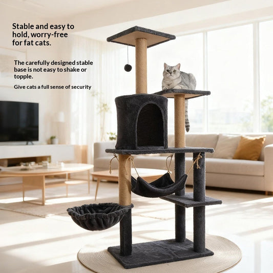 KFX-3044285 Cat Tree with Dedicated Bed - Wood Minimalist Design in Light Gray, Dark Gray, and Beige, 55x38x132 cm