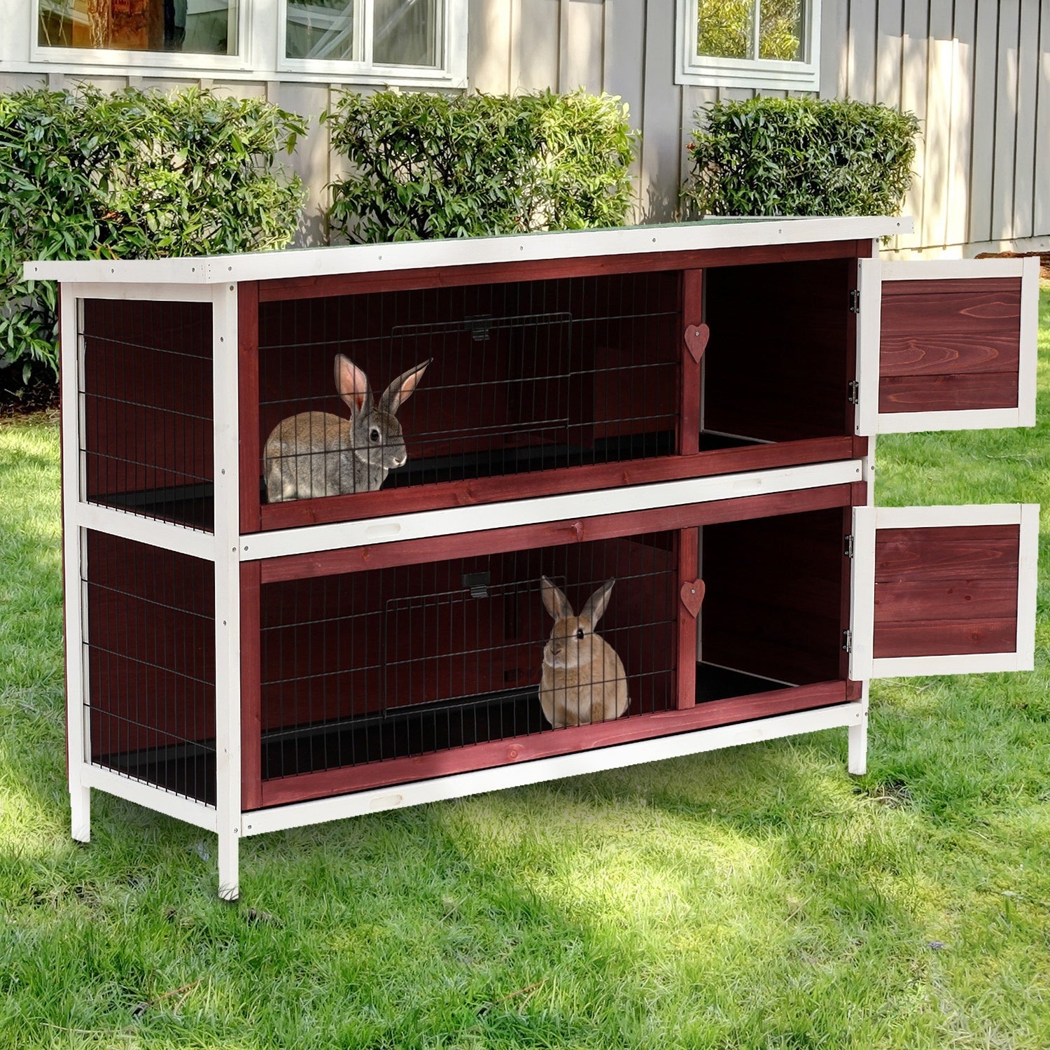 KFX-3046333 54" Elevated 2-Story Weatherproof Wooden Rabbit Hutch with Enclosed Run and Easy Clean Trays