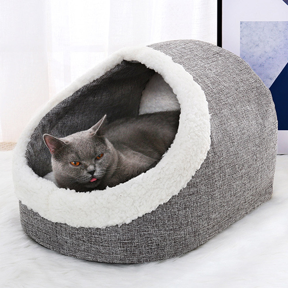 KFX-3046717 Cozy Cloth Dog and Cat Kennel for Autumn and Winter, Beige and Gray, 46x35x30cm, Suitable for Pets Under 7.5kg