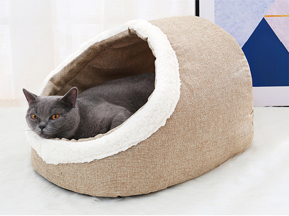 KFX-3046717 Cozy Cloth Dog and Cat Kennel for Autumn and Winter, Beige and Gray, 46x35x30cm, Suitable for Pets Under 7.5kg