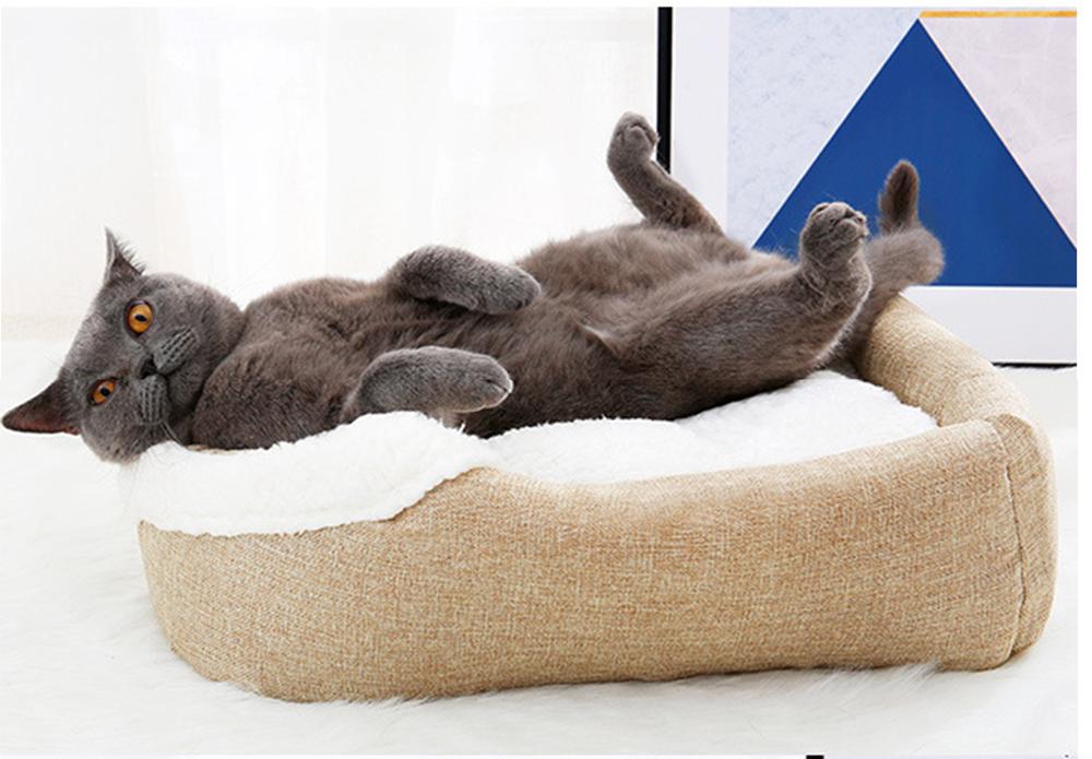 KFX-3046717 Cozy Cloth Dog and Cat Kennel for Autumn and Winter, Beige and Gray, 46x35x30cm, Suitable for Pets Under 7.5kg