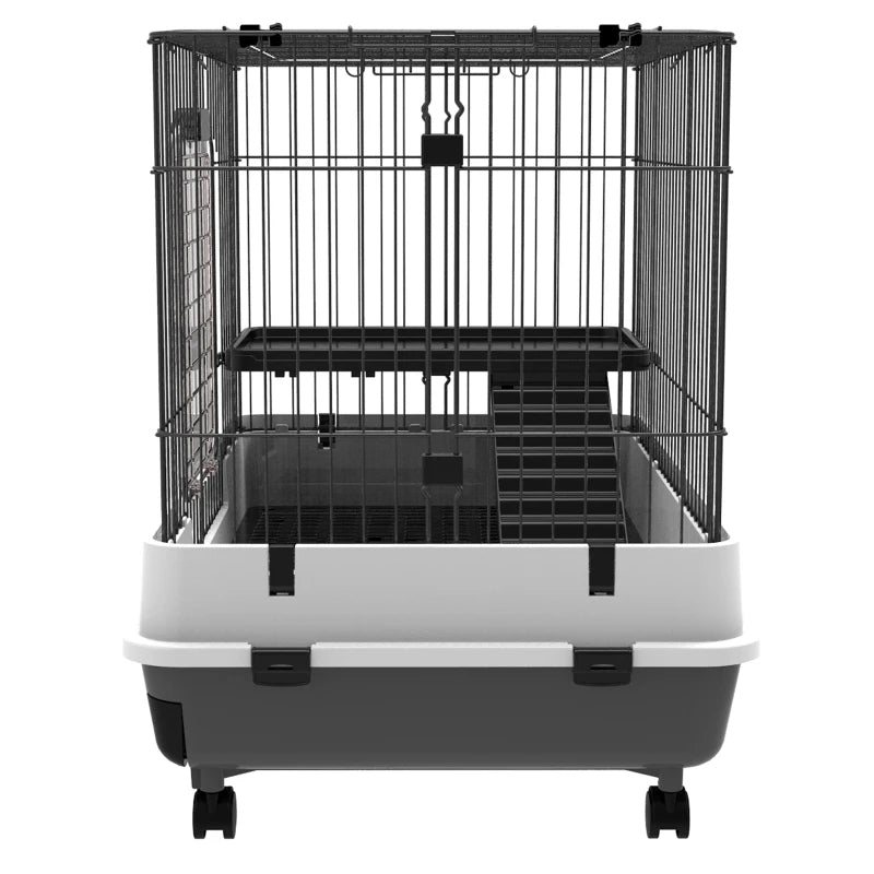 KFX-3052093 2-Level Small Animal Cage with Wheels, Removable Tray, Platform and Ramp for Rabbits, Chinchillas, and Ferrets - Black
