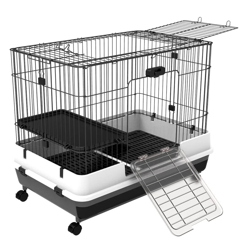KFX-3052093 2-Level Small Animal Cage with Wheels, Removable Tray, Platform and Ramp for Rabbits, Chinchillas, and Ferrets - Black