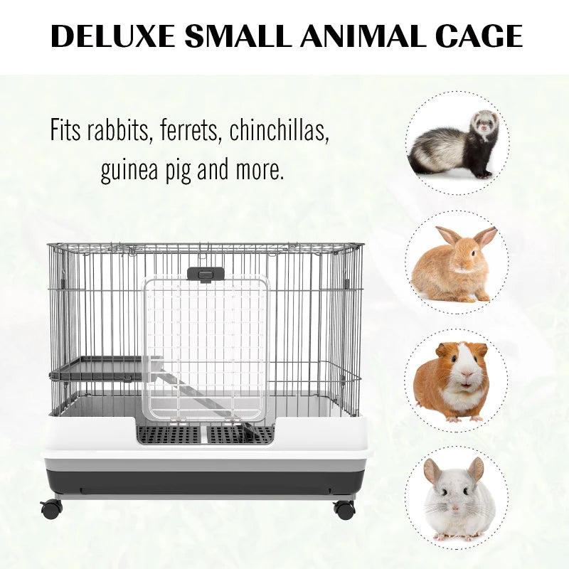 KFX-3052093 2-Level Small Animal Cage with Wheels, Removable Tray, Platform and Ramp for Rabbits, Chinchillas, and Ferrets - Black