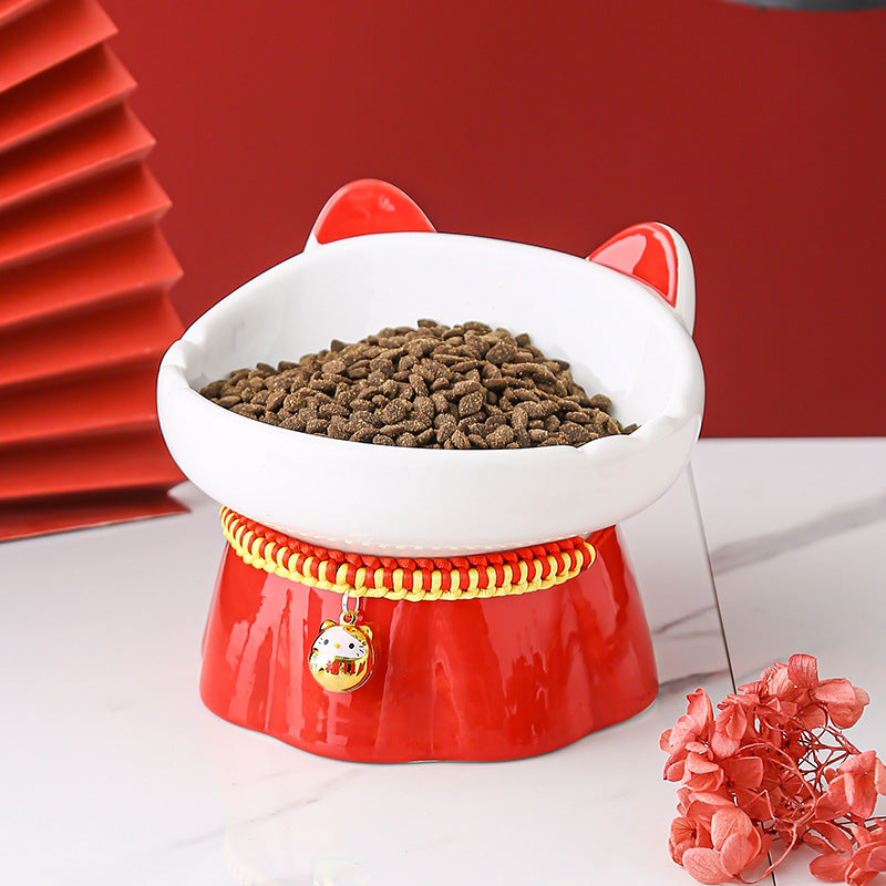 KFX-3054397 High-Footed Ceramic Cat Bowl with Neck Guard - Red Fire Cat Design, 200ml Capacity