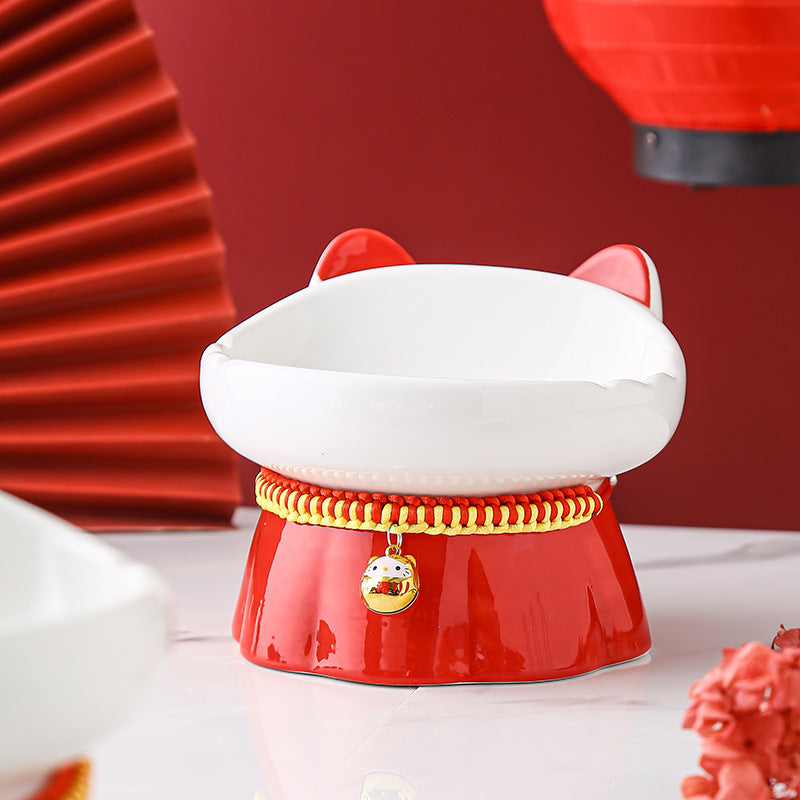 KFX-3054397 High-Footed Ceramic Cat Bowl with Neck Guard - Red Fire Cat Design, 200ml Capacity