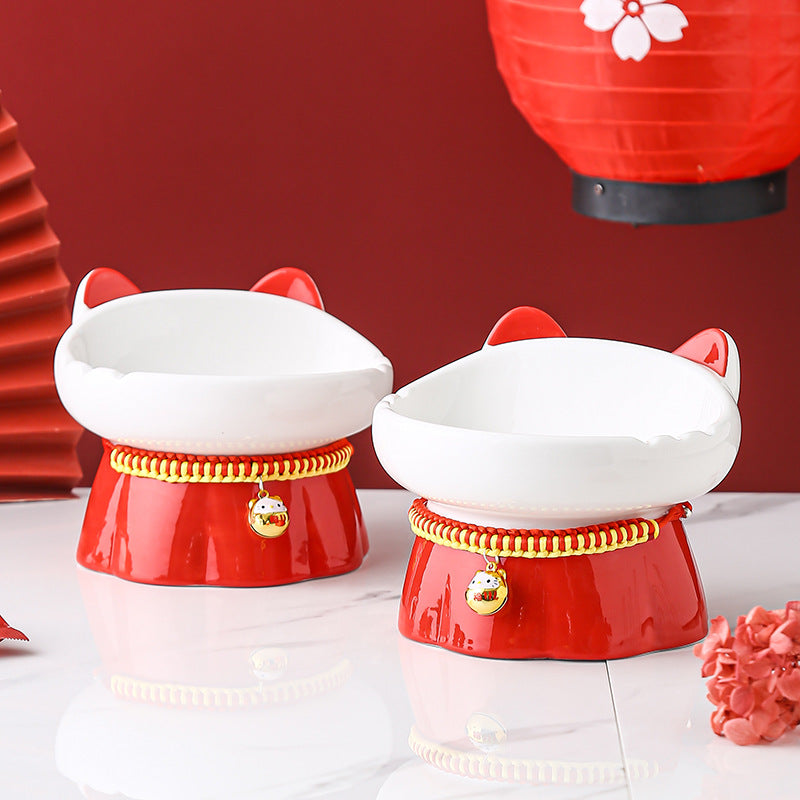 KFX-3054397 High-Footed Ceramic Cat Bowl with Neck Guard - Red Fire Cat Design, 200ml Capacity