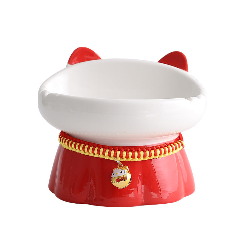 KFX-3054397 High-Footed Ceramic Cat Bowl with Neck Guard - Red Fire Cat Design, 200ml Capacity