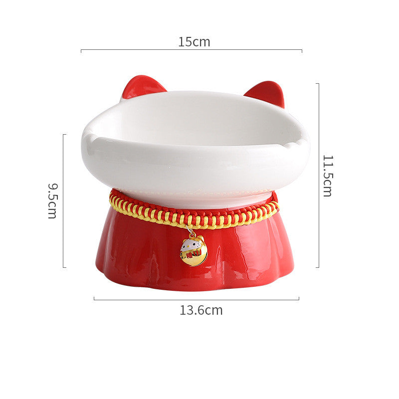 KFX-3054397 High-Footed Ceramic Cat Bowl with Neck Guard - Red Fire Cat Design, 200ml Capacity